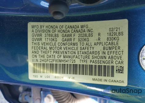 2021 Honda Civic Sport from USA, damaged, VIN 2HGFC2F80MH541725